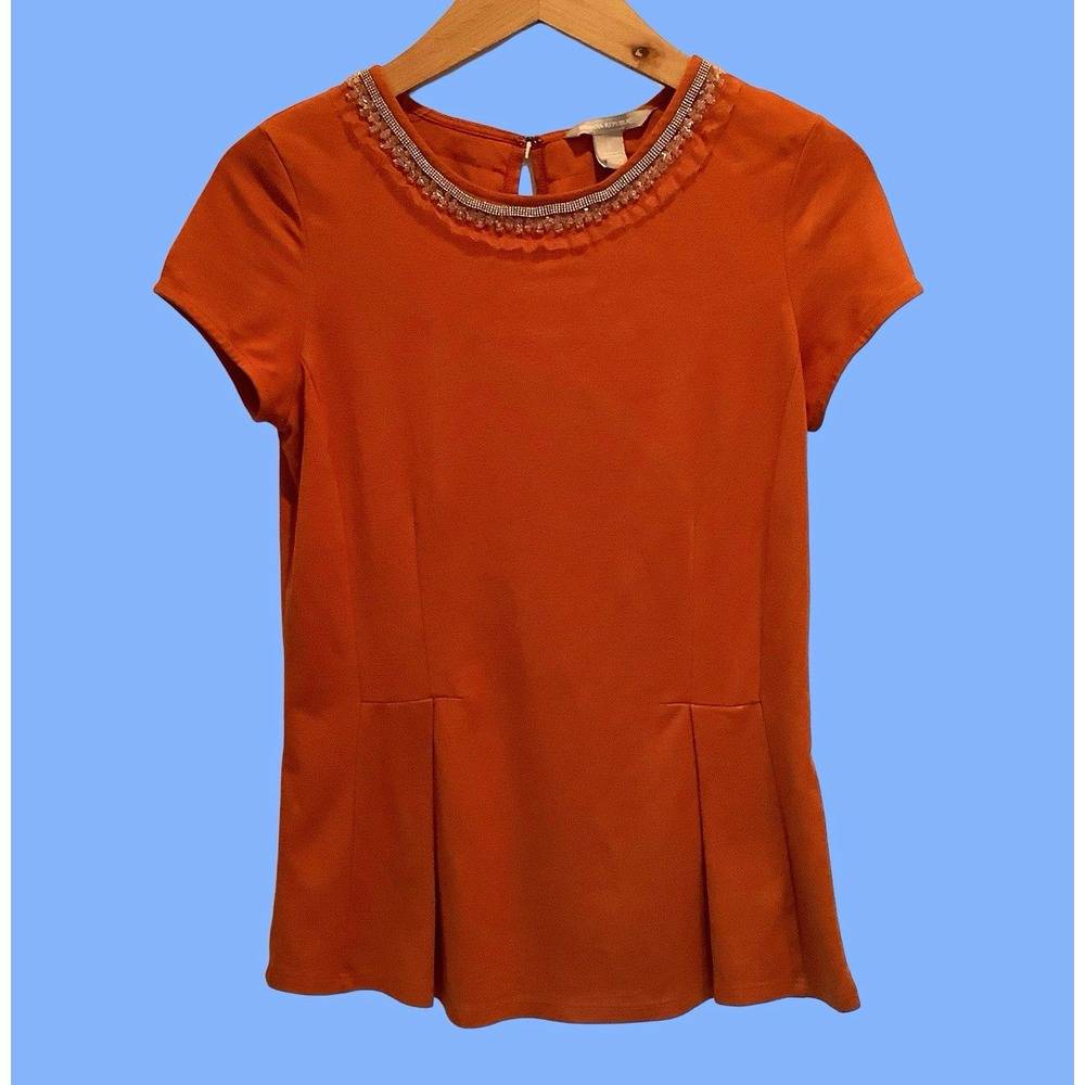 Banana Republic Orange Peplum Knit Blouse Beaded Round Neck Short Sleeve Sz 6